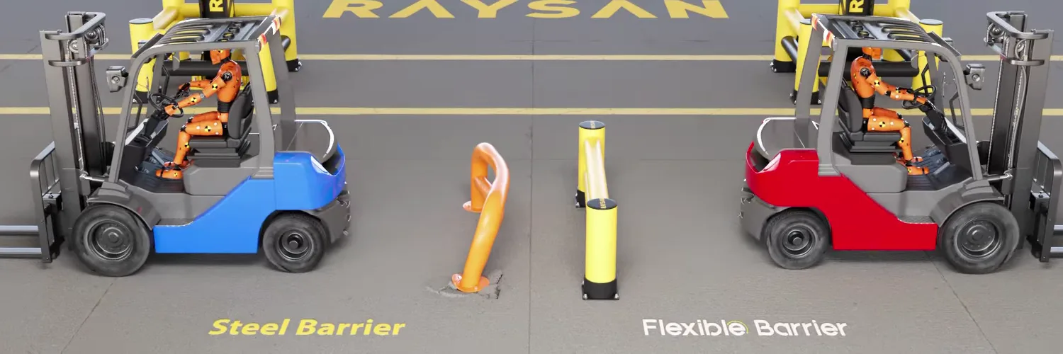 À impact égal : barrière acier à gauche, barrière flexible à droite.
