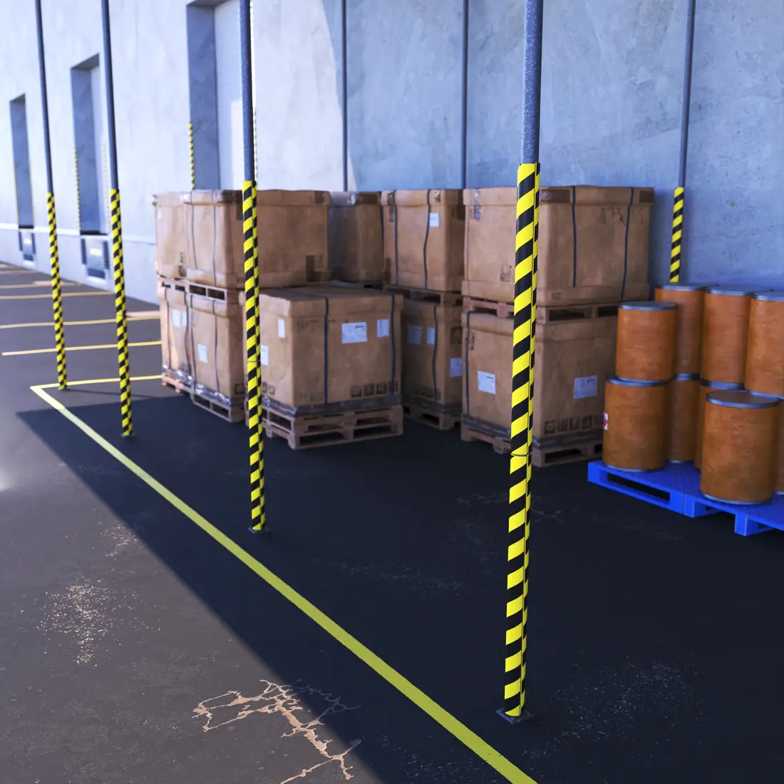Profilés PuffyGuard sur les poteaux d’une zone de stockage